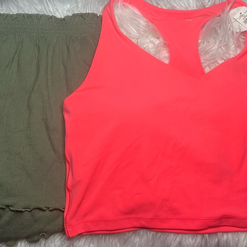 Aerie Neon Pink Tank Top and Olive Green Shorts Set Sz XL